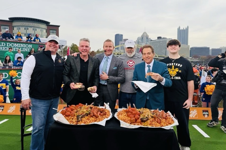Pat McAfee and the ESPN GameDay crew eating Ricci's Italian Sausage, served by Joe Caliguire