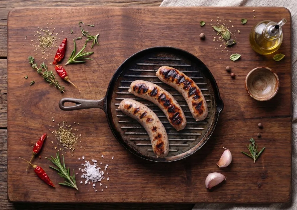 Four grilled sweet Italian sausage links in a cast iron pan with rosemary, chili peppers, and sea salt